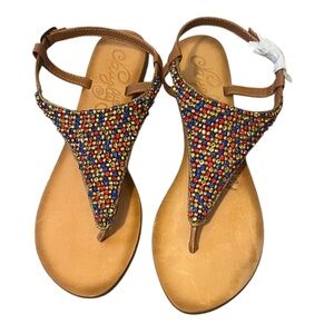 NWOT Naughty Monkey Native Tan Rhinestone Studded Leather Thong Women's Sandals